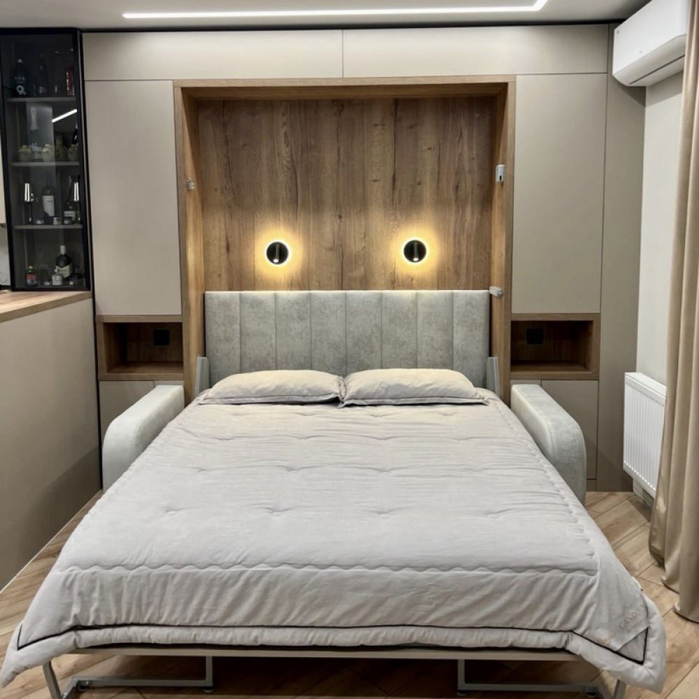 Умная кровать Smart/Push-to-open с диваном "дельфин" и интегрированной антресолью